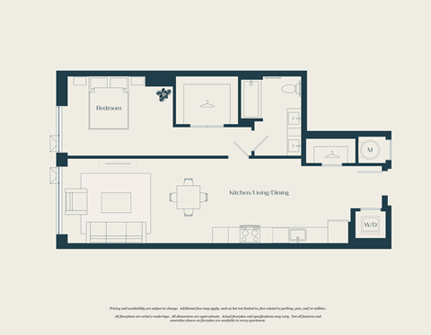 Floor plan for 1 bed, 1 bath, 801 sqft